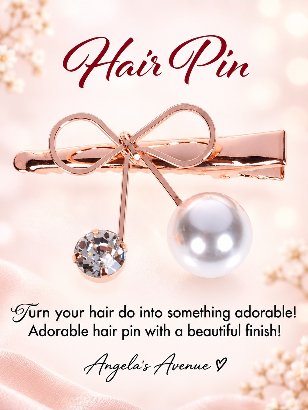 Hair Pin with Bow and Crystal and Pearl Acrylic Enamel